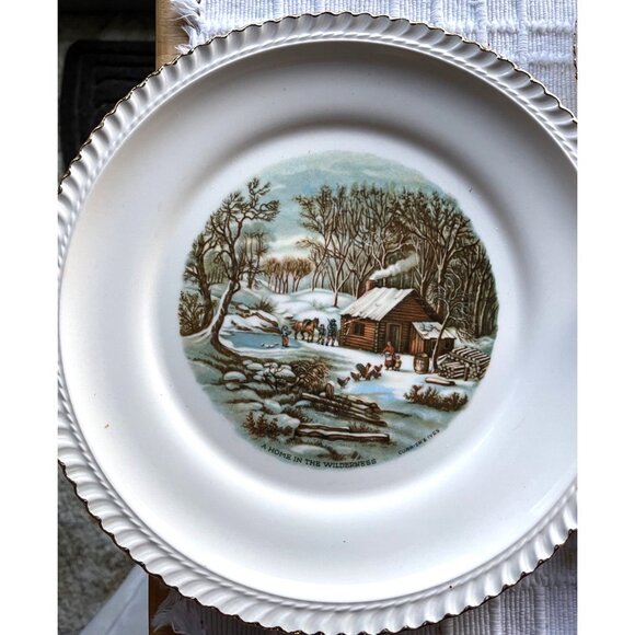 Vintage Homer Laughlin 7-Piece Winter Scene Plate Set With Pie Server - Picture 2 of 5